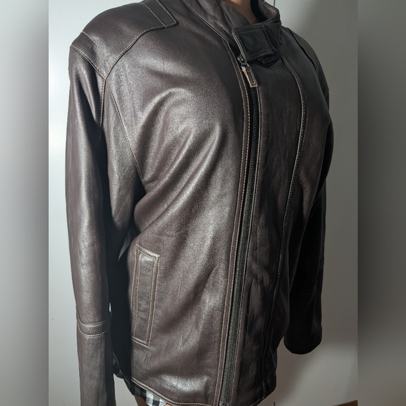Max USA Other - Max USA Men's Brown Leather Zip-Front Racer Button Jacket Size M